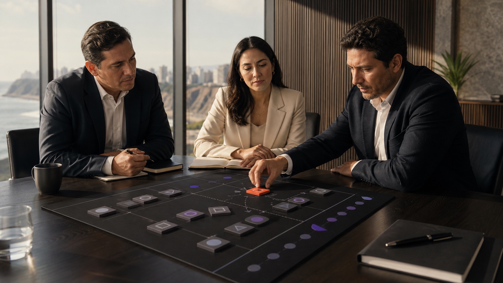 Un equipo directivo latinoamericano evalúa iniciativas de IA en una matriz para decidir cuáles merecen inversión.